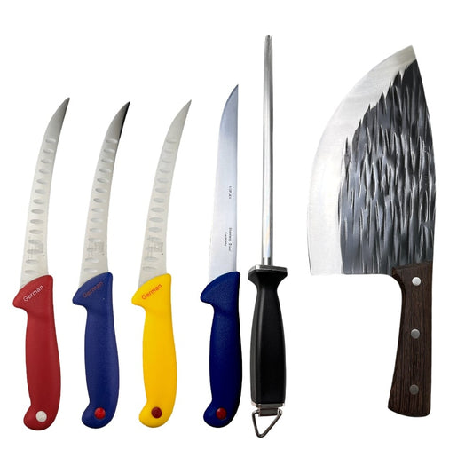 Set 4 Cuțite, Masat cu Lamă Rotundă 30 cm și Satar cu Lamă din Oțel Carbon 24 cm