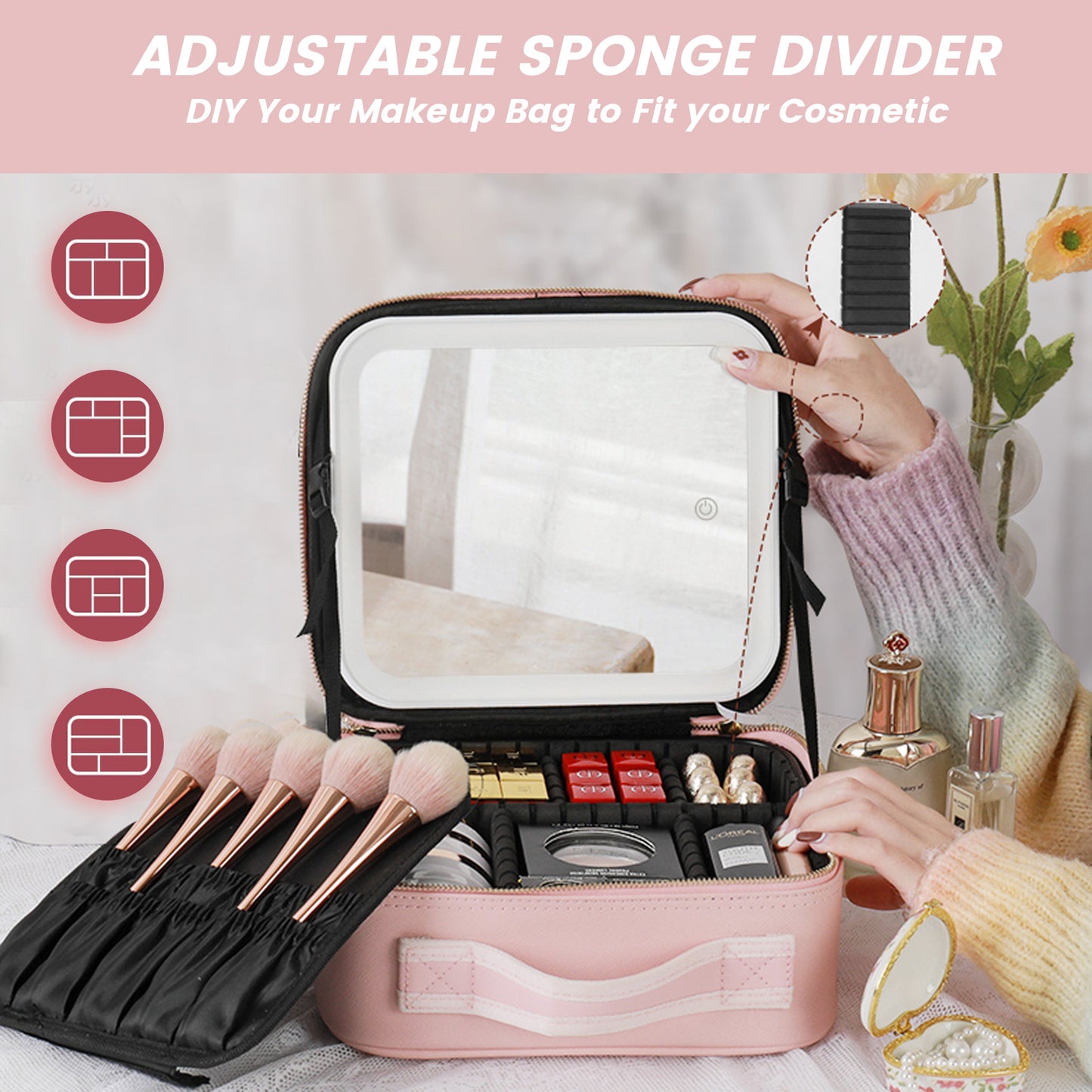 Geantă de Machiaj cu Oglindă LED, Divizoare Reglabile - Organizator de Cosmetice și Bijuterii de 29cm, Roz (Mică)