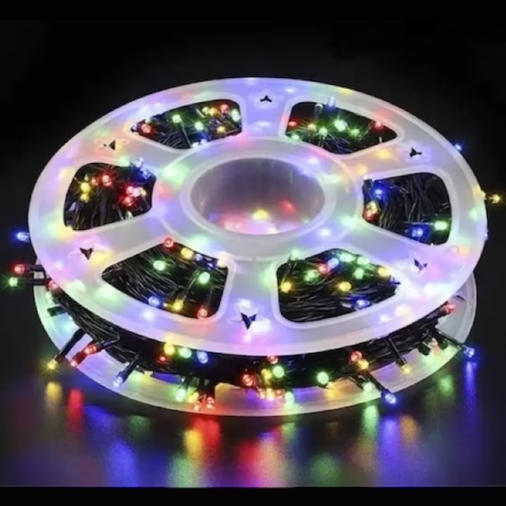 Instalatie de Craciun tip sir rola, 8 jocuri de lumini, fir negru, 300 LED-uri tip diamant 50M
