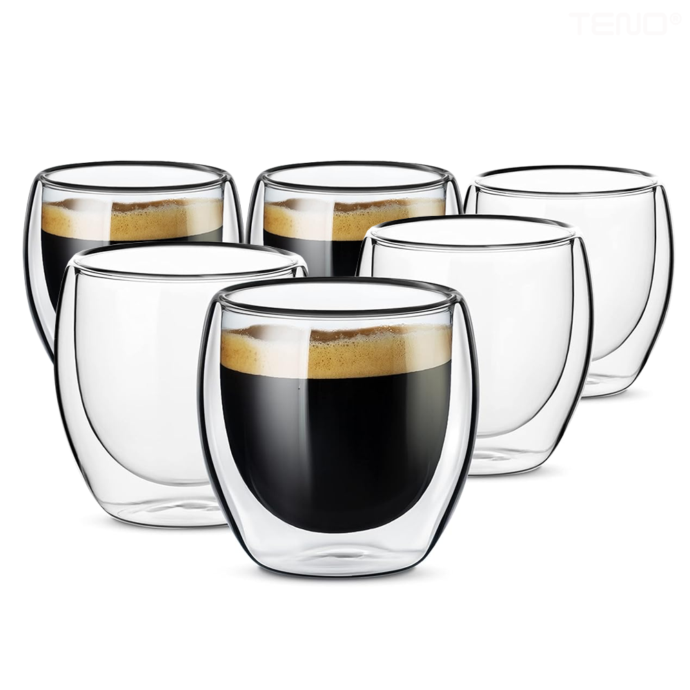 Set 6 Pahare din Sticla cu Perete Dublu Teno1000, termorezistente, design modern, capacitate 250 ml, 9 x 8 cm
