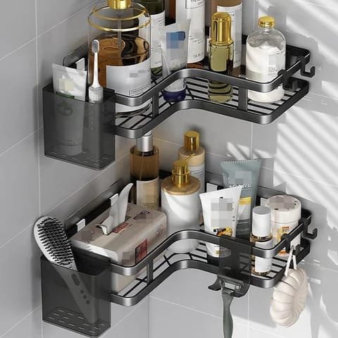 Organizator, etajera pe colt pentru Baie fără Găurire – Raft Detasabil, Montare cu Adeziv, Fără Găuri