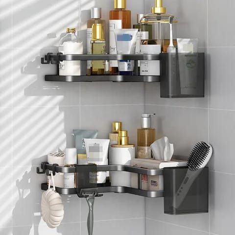 Organizator, etajera pe colt pentru Baie fără Găurire – Raft Detasabil, Montare cu Adeziv, Fără Găuri