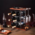 Suport de sticle de vin, 34 x 16 x 35 cm, metal și lemn, pentru 6 sticle și 2 pahare