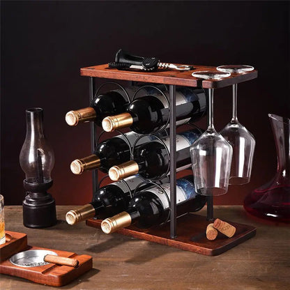 Suport de sticle de vin, 34 x 16 x 35 cm, metal și lemn, pentru 6 sticle și 2 pahare