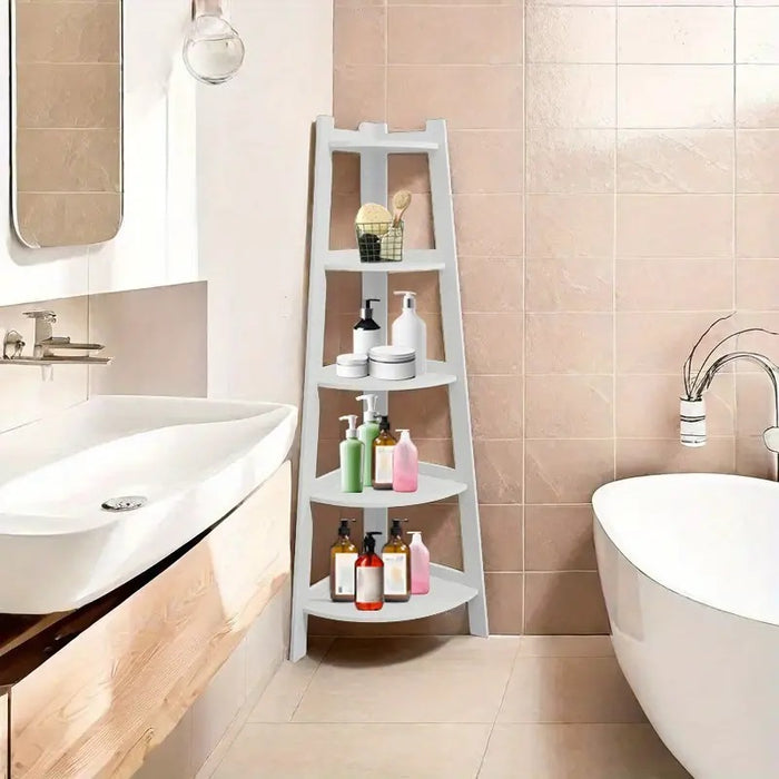 Raft de colț din PVC cu 5 etajere, pentru cameră, baie sau bucătărie - 106x30x30 cm, Alb