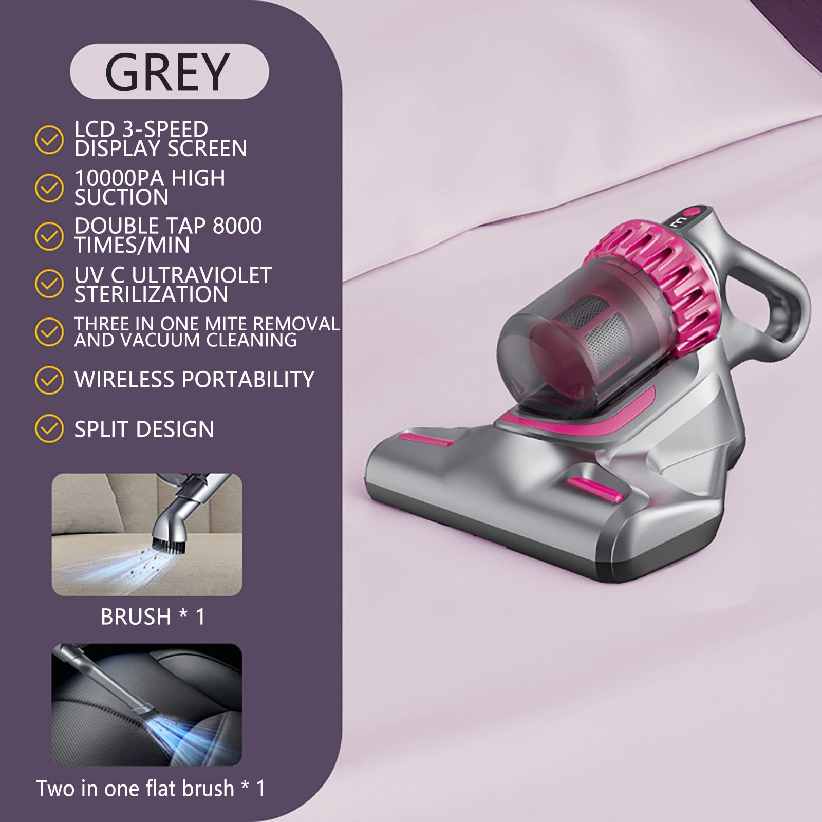 Aspirator de Pat Anti-Acarieni Wireless - Igienizare Profundă, 10000Pa, 8000 Vibratii pe Minut