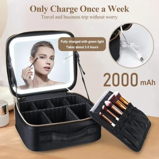 Geantă de Machiaj cu Oglindă LED, Divizoare Reglabile - Organizator de Cosmetice și Bijuterii de 29cm, Roz (Mică)