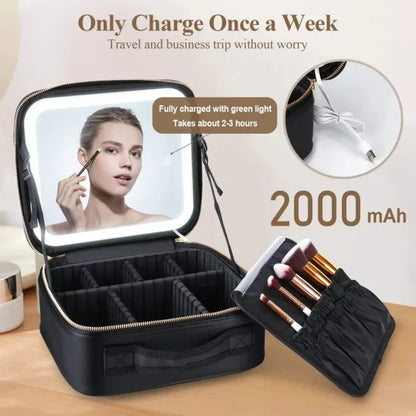 Geantă de Machiaj cu Oglindă LED, Divizoare Reglabile - Organizator de Cosmetice și Bijuterii de 29cm, Roz (Mică)