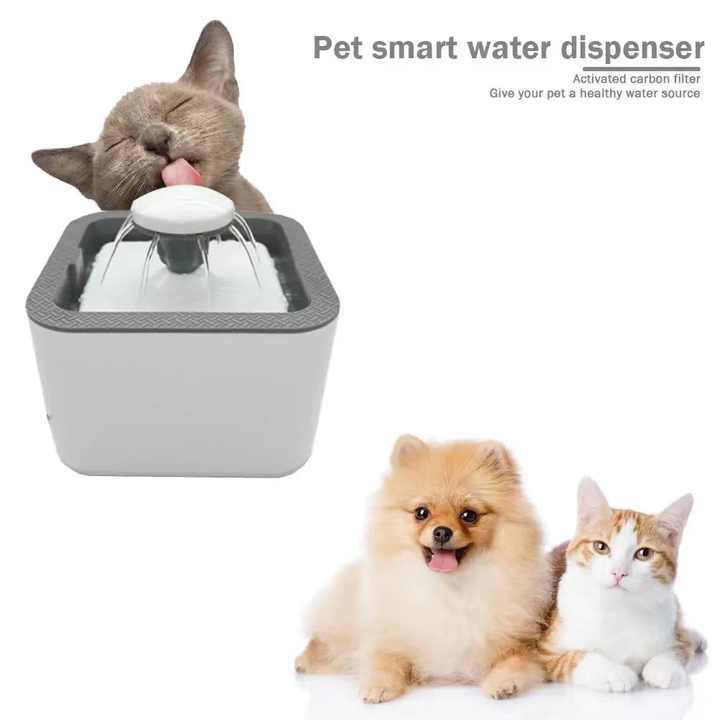Dispenser Apa Automat SIKS Tip Fantana Pentru Pisici Si Caini, Filtrare / Purificare Apa, Ultra Silentios, 3 Trepte, Cu Adaptor USB Priza, Capacitate 2.4 L, Alb/Gri