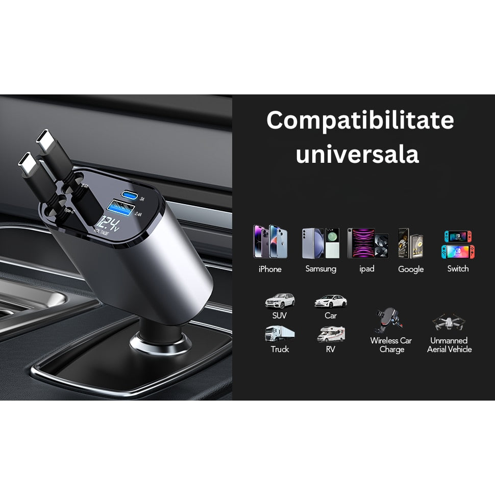 Incarcator Auto Rapid Retractabil 4 in 1, Afisaj Digital Tensiune, Design cu Doua Cabluri Retractabile Type C si Doua Porturi Iesire USB si USB-C, Putere maxima 100W, Compatibilitate Universala