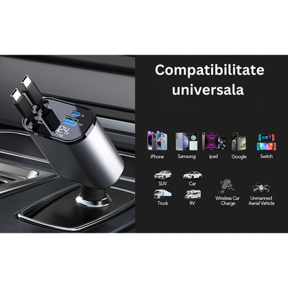 Incarcator Auto Rapid Retractabil 4 in 1, Afisaj Digital Tensiune, Design cu Doua Cabluri Retractabile Type C si Doua Porturi Iesire USB si USB-C, Putere maxima 100W, Compatibilitate Universala
