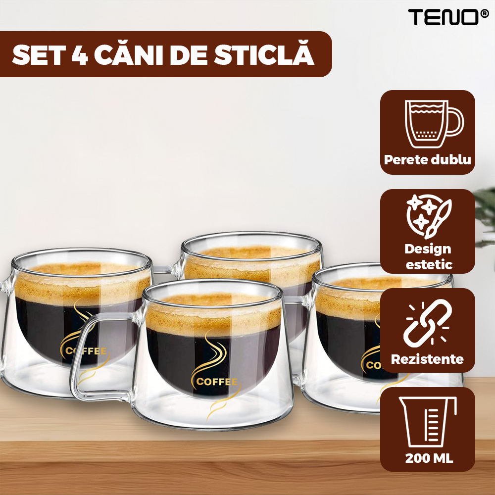 Set 4 Cani de Sticla cu Perete Dublu Teno1004, model COFFEE, design modern, termorezistente, capacitate 200 ml, 12 x 8 cm