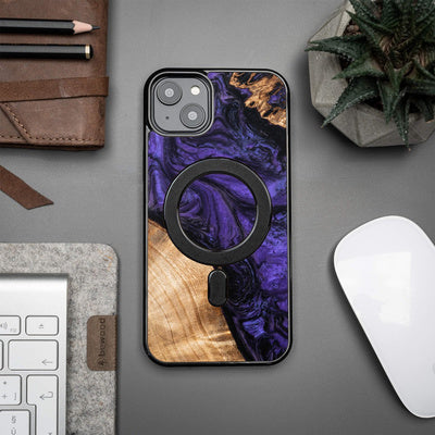 Husă din Lemn și Rășină BeWood cu MagSafe pentru iPhone 15 Plus, Violet și Negru