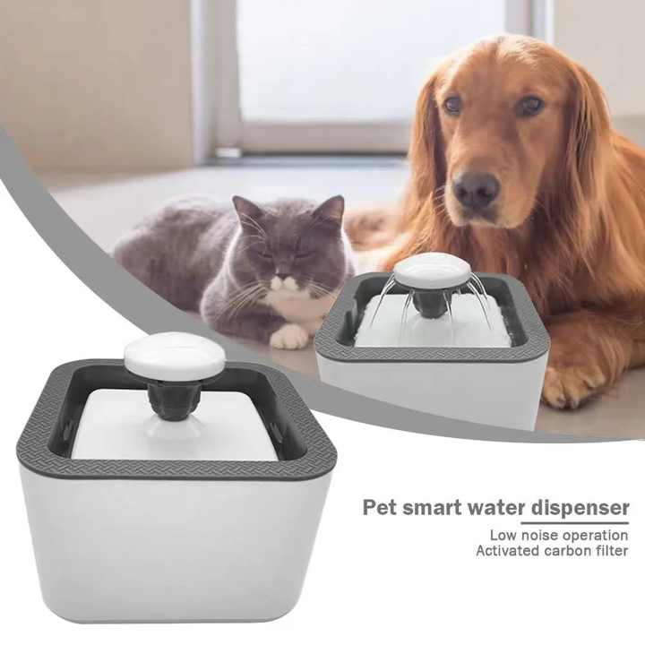 Dispenser Apa Automat SIKS Tip Fantana Pentru Pisici Si Caini, Filtrare / Purificare Apa, Ultra Silentios, 3 Trepte, Cu Adaptor USB Priza, Capacitate 2.4 L, Alb/Gri