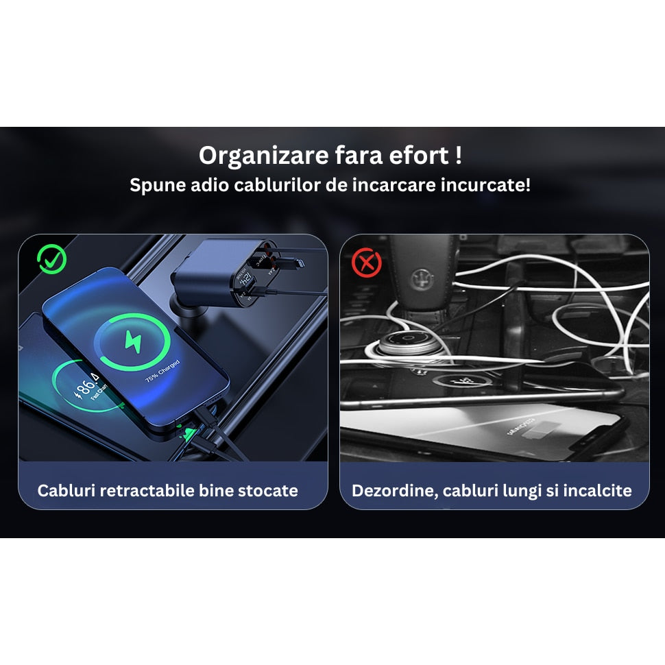Incarcator Auto Rapid Retractabil 4 in 1, Afisaj Digital Tensiune, Design cu Doua Cabluri Retractabile Type C si Doua Porturi Iesire USB si USB-C, Putere maxima 100W, Compatibilitate Universala