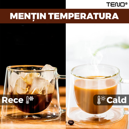 Set 4 Cani de Sticla cu Perete Dublu Teno1004, model COFFEE, design modern, termorezistente, capacitate 200 ml, 12 x 8 cm