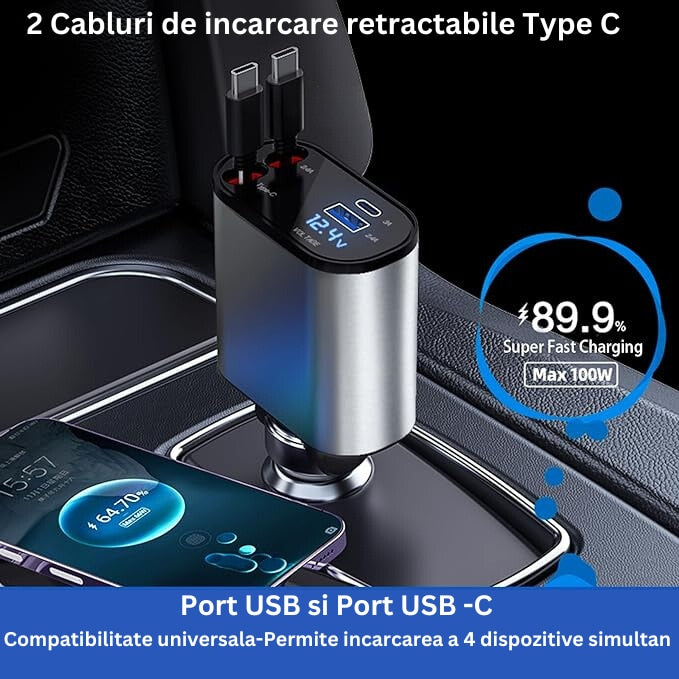 Incarcator Auto Rapid Retractabil 4 in 1, Afisaj Digital Tensiune, Design cu Doua Cabluri Retractabile Type C si Doua Porturi Iesire USB si USB-C, Putere maxima 100W, Compatibilitate Universala