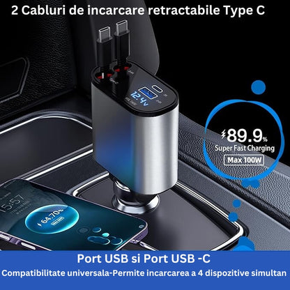Incarcator Auto Rapid Retractabil 4 in 1, Afisaj Digital Tensiune, Design cu Doua Cabluri Retractabile Type C si Doua Porturi Iesire USB si USB-C, Putere maxima 100W, Compatibilitate Universala
