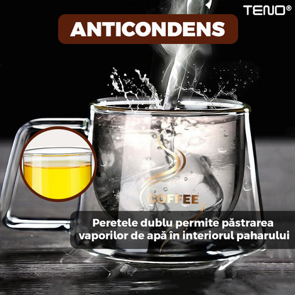 Set 4 Cani de Sticla cu Perete Dublu Teno1004, model COFFEE, design modern, termorezistente, capacitate 200 ml, 12 x 8 cm