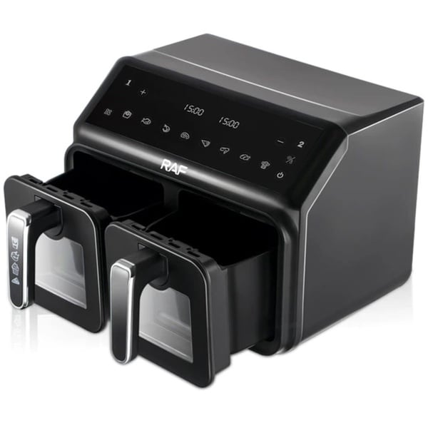 Friteuză Dubla Digitală cu Aer Cald, 2 Coșuri cu Geam, 9L, 2200W, 9 Programe, Touch Screen
