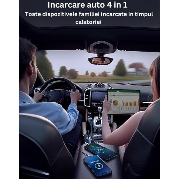 Incarcator Auto Rapid Retractabil 4 in 1, Afisaj Digital Tensiune, Design cu Doua Cabluri Retractabile Type C si Doua Porturi Iesire USB si USB-C, Putere maxima 100W, Compatibilitate Universala