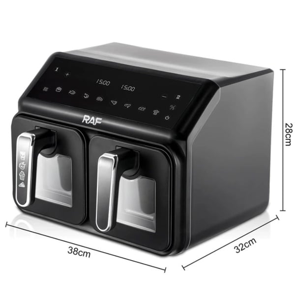 Friteuză Dubla Digitală cu Aer Cald, 2 Coșuri cu Geam, 9L, 2200W, 9 Programe, Touch Screen