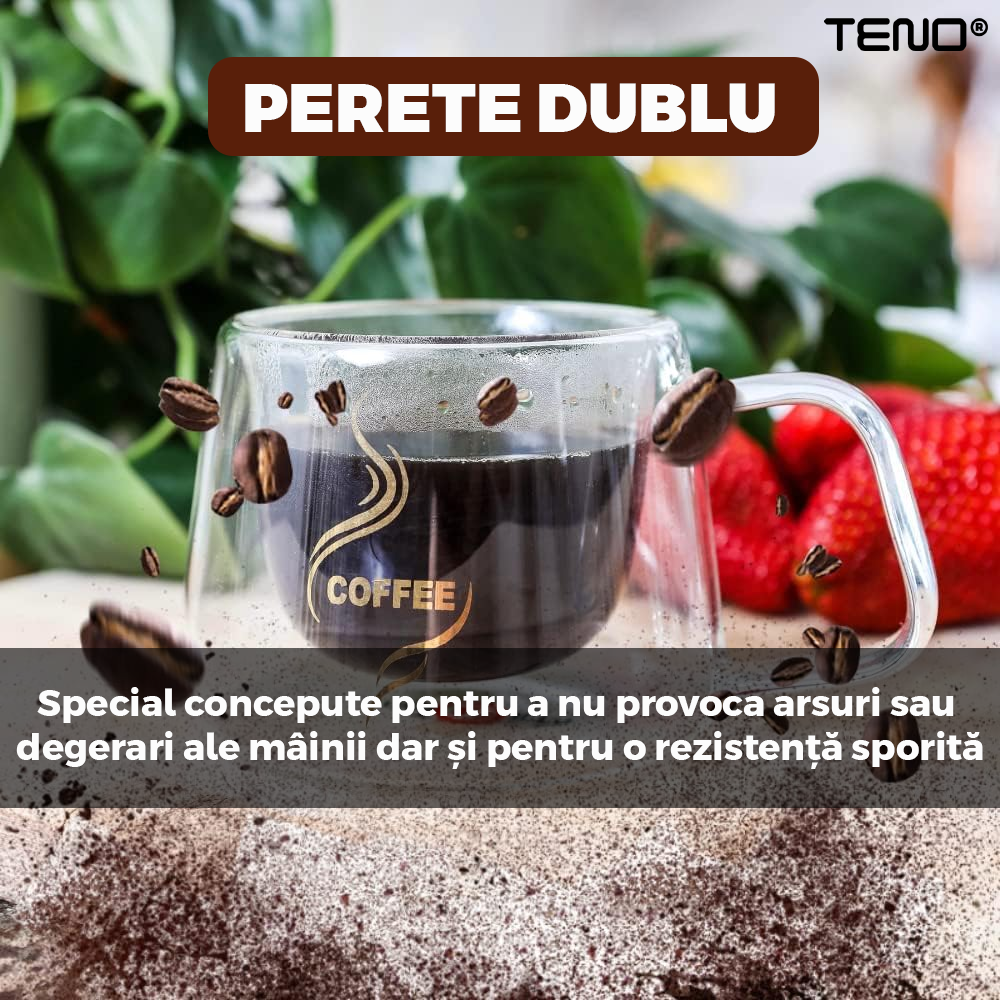Set 2 Cani de Sticla cu Perete Dublu Teno1003, model COFFEE, design modern, termorezistente, capacitate 200 ml, 12 x 8 cm