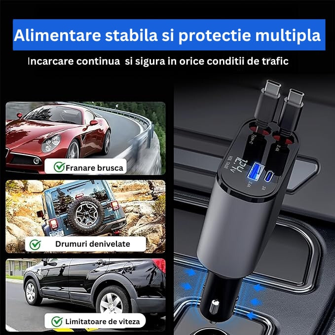 Incarcator Auto Rapid Retractabil 4 in 1, Afisaj Digital Tensiune, Design cu Doua Cabluri Retractabile Type C si Doua Porturi Iesire USB si USB-C, Putere maxima 100W, Compatibilitate Universala