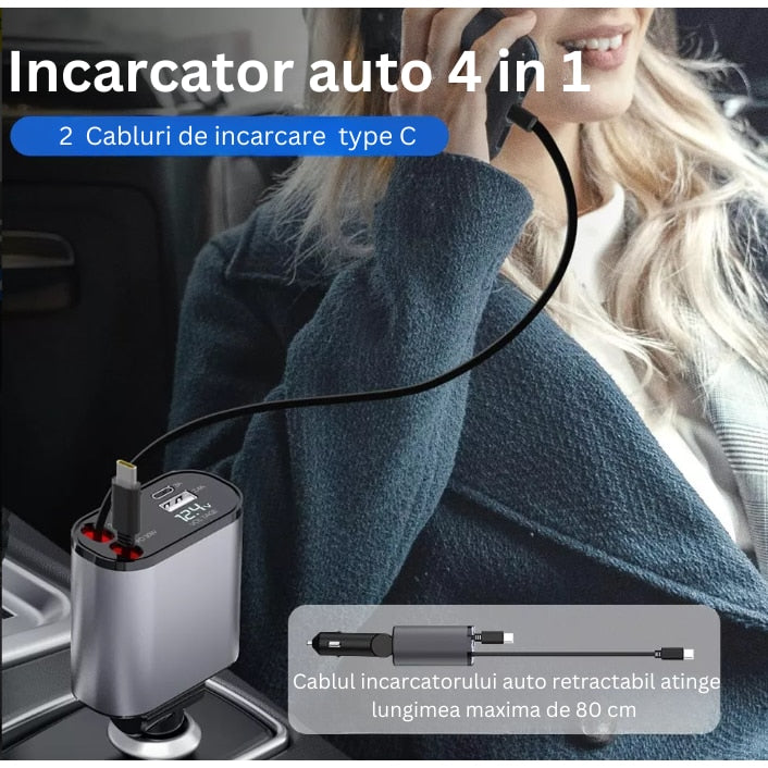 Incarcator Auto Rapid Retractabil 4 in 1, Afisaj Digital Tensiune, Design cu Doua Cabluri Retractabile Type C si Doua Porturi Iesire USB si USB-C, Putere maxima 100W, Compatibilitate Universala