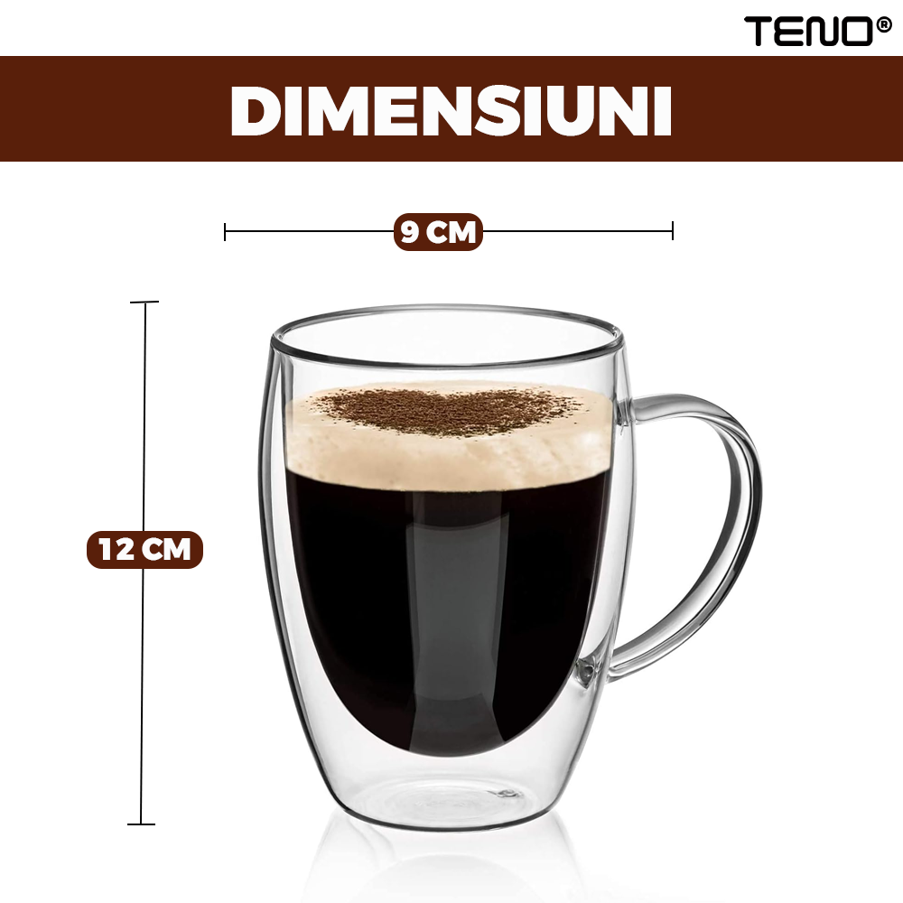 Set 2 Cani de Sticla cu Perete Dublu Teno858, model rotund, design modern, termorezistente, capacitate 350 ml, 12 x 9 cm