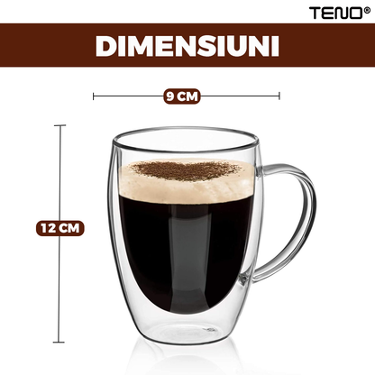 Set 2 Cani de Sticla cu Perete Dublu Teno858, model rotund, design modern, termorezistente, capacitate 350 ml, 12 x 9 cm