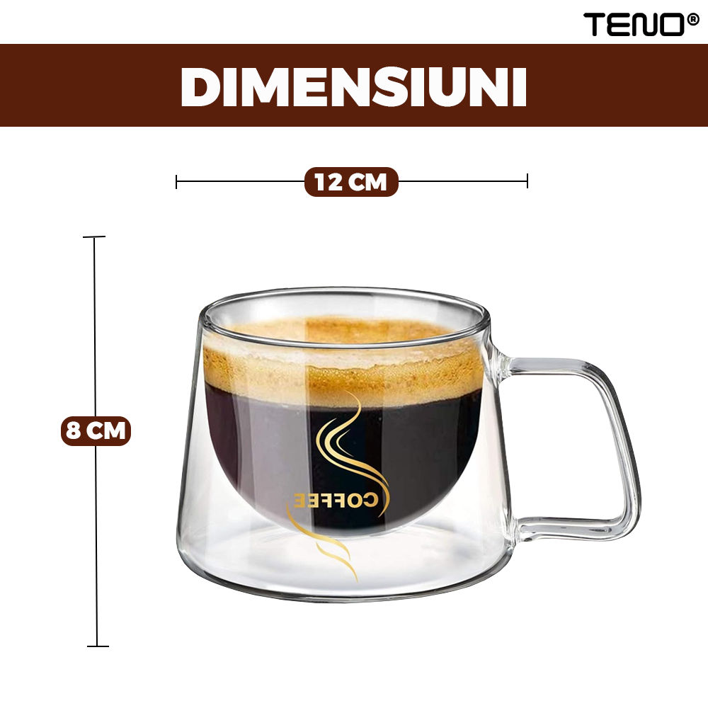 Set 4 Cani de Sticla cu Perete Dublu Teno1004, model COFFEE, design modern, termorezistente, capacitate 200 ml, 12 x 8 cm
