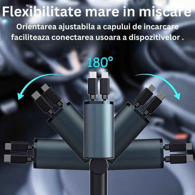 Incarcator Auto Rapid Retractabil 4 in 1, Afisaj Digital Tensiune, Design cu Doua Cabluri Retractabile Type C si Doua Porturi Iesire USB si USB-C, Putere maxima 100W, Compatibilitate Universala