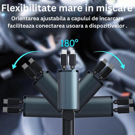 Incarcator Auto Rapid Retractabil 4 in 1, Afisaj Digital Tensiune, Design cu Doua Cabluri Retractabile Type C si Doua Porturi Iesire USB si USB-C, Putere maxima 100W, Compatibilitate Universala