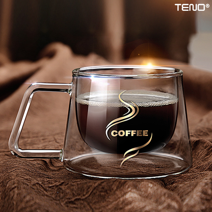 Set 4 Cani de Sticla cu Perete Dublu Teno1004, model COFFEE, design modern, termorezistente, capacitate 200 ml, 12 x 8 cm