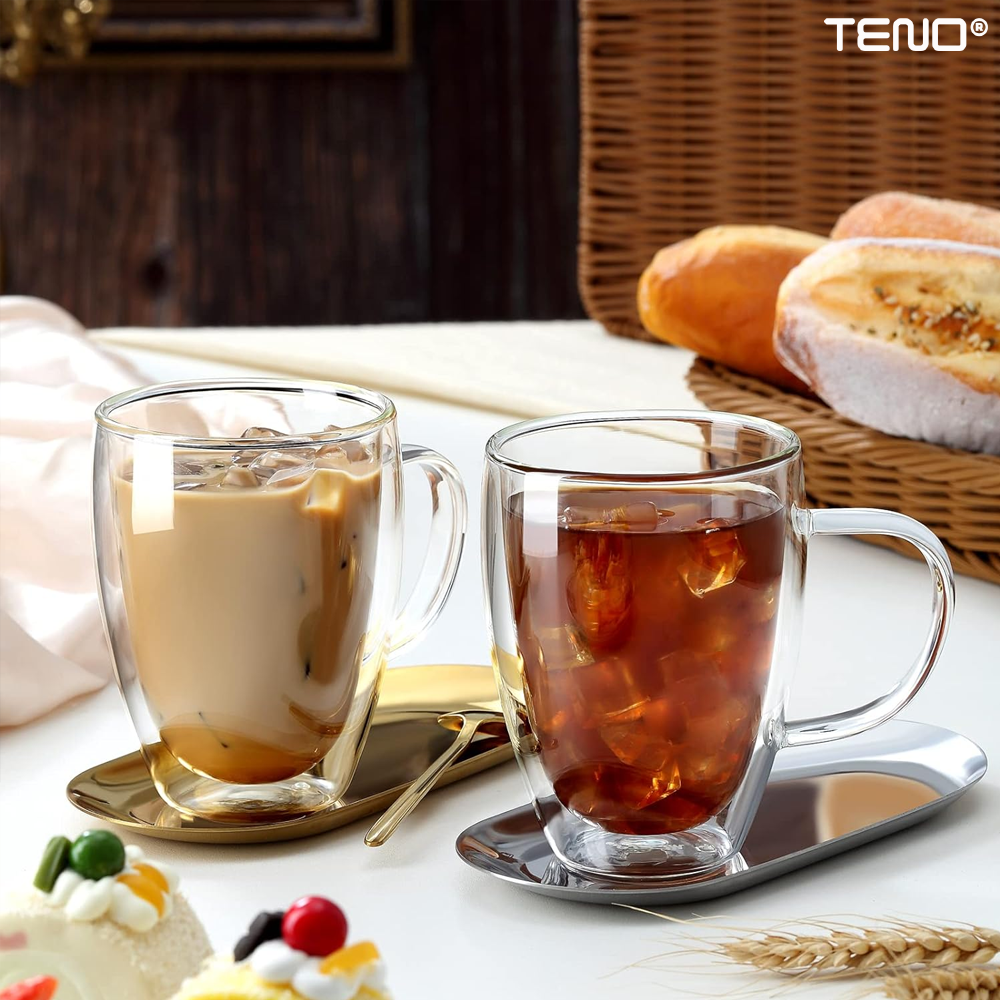 Set 2 Cani de Sticla cu Perete Dublu Teno858, model rotund, design modern, termorezistente, capacitate 350 ml, 12 x 9 cm