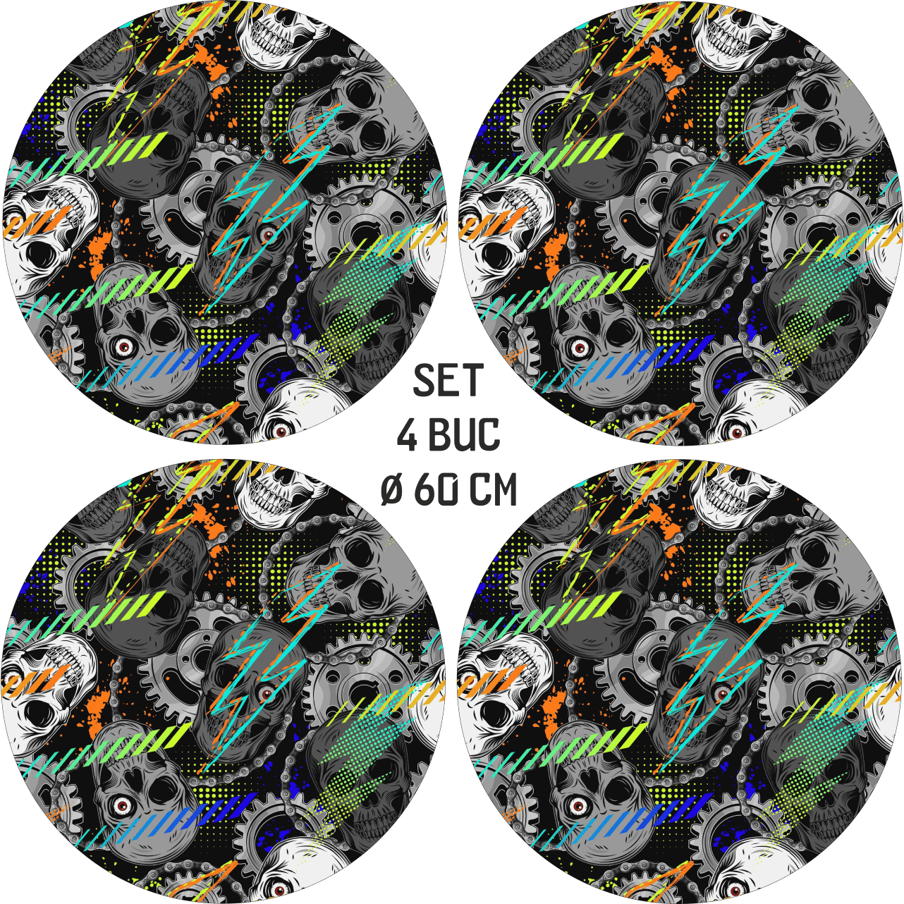 Set 4 Folii Imprimate Outdoor cu EcoSolvent, autoadezive, pentru decorarea jantelor auto, dimetru 60 cm, model FJT-20-3