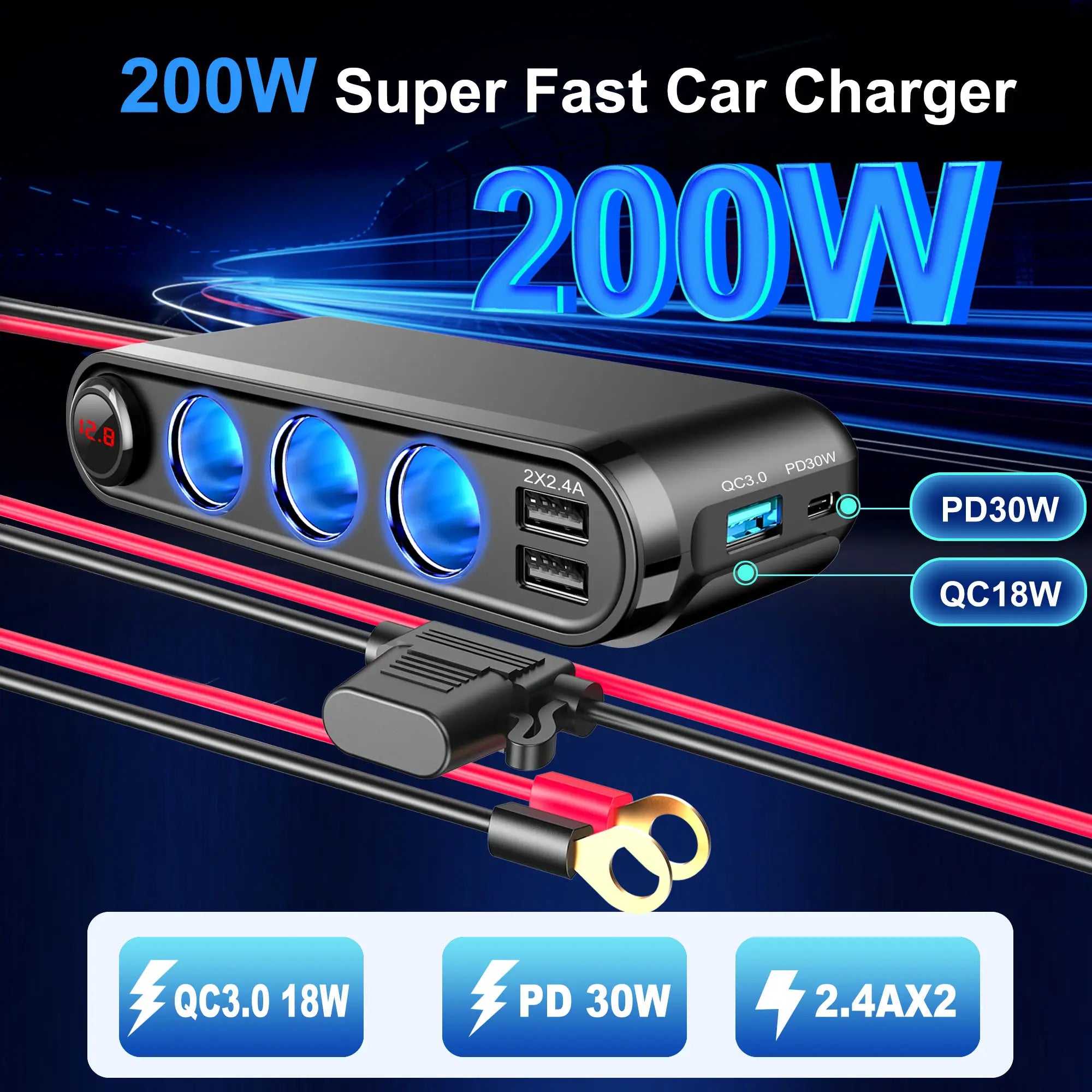 Dispozitiv Auto Premium 3in1, Splitter Bricheta, Incarcator USB/USB-C, Voltmetru Digital, alimentare 12V-24V-1