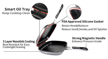 Tigaie dubla grill 36x24x7.5 cm ceramica marmorata, inchidere magnetica, garnitura din silicon, non-stick