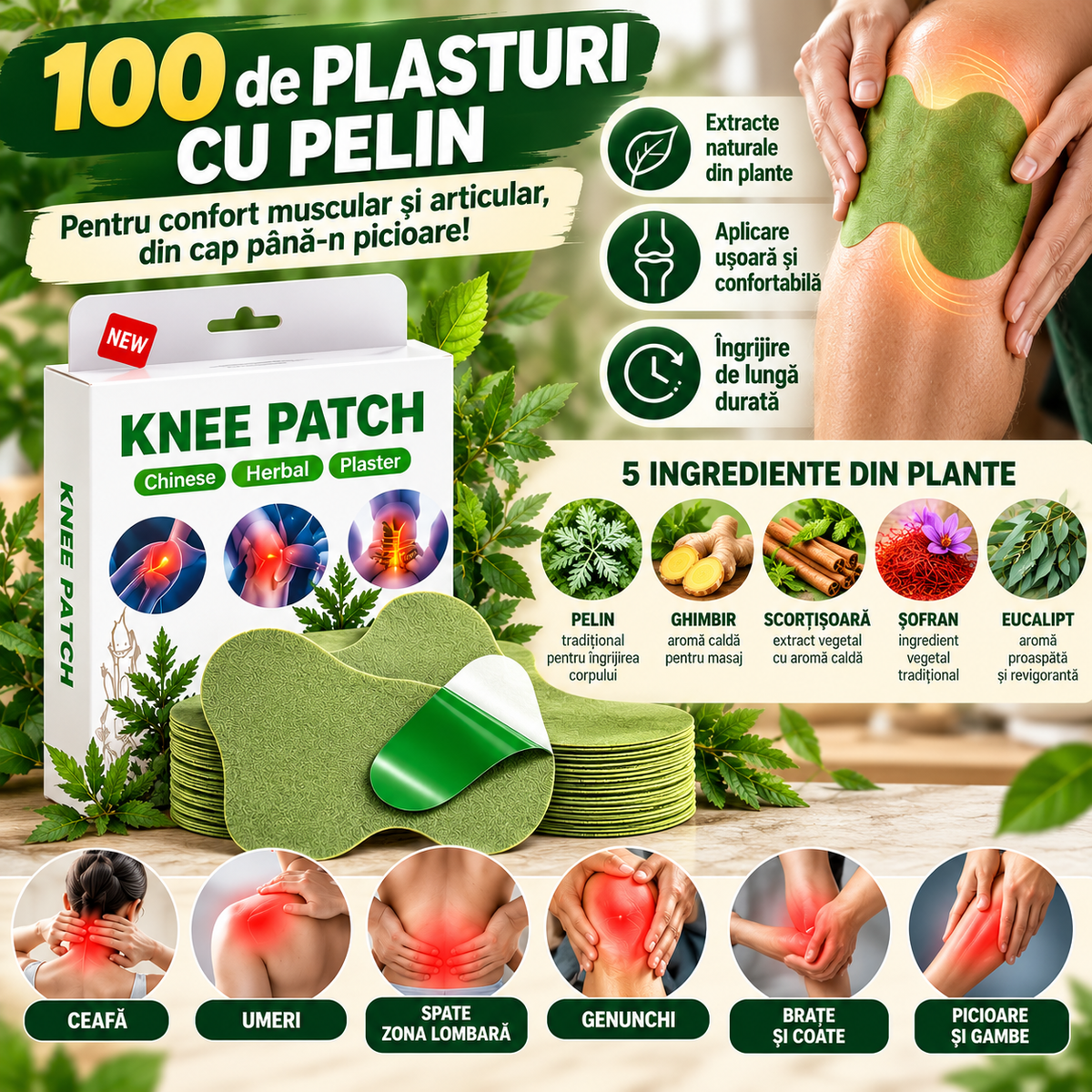 Pachet Antidurere 2 în 1 – 100 Plasturi cu Pelin + Alifie Chinezească Tigrul Alb 18,4g pentru Dureri Musculare, Reumatice, Articulare