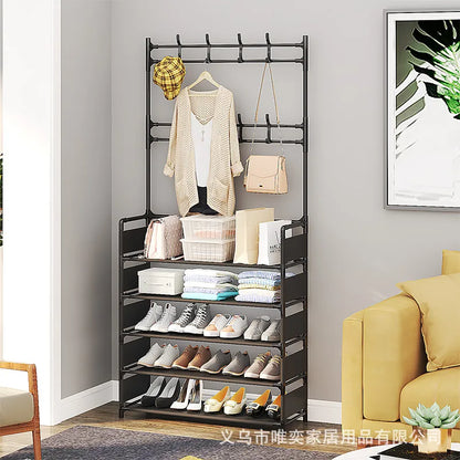 Cuier Multifuncțional Metalic cu Suport Pantofi și 8 Cârlige, Metalic, 5 Polițe, 170x80x26 cm