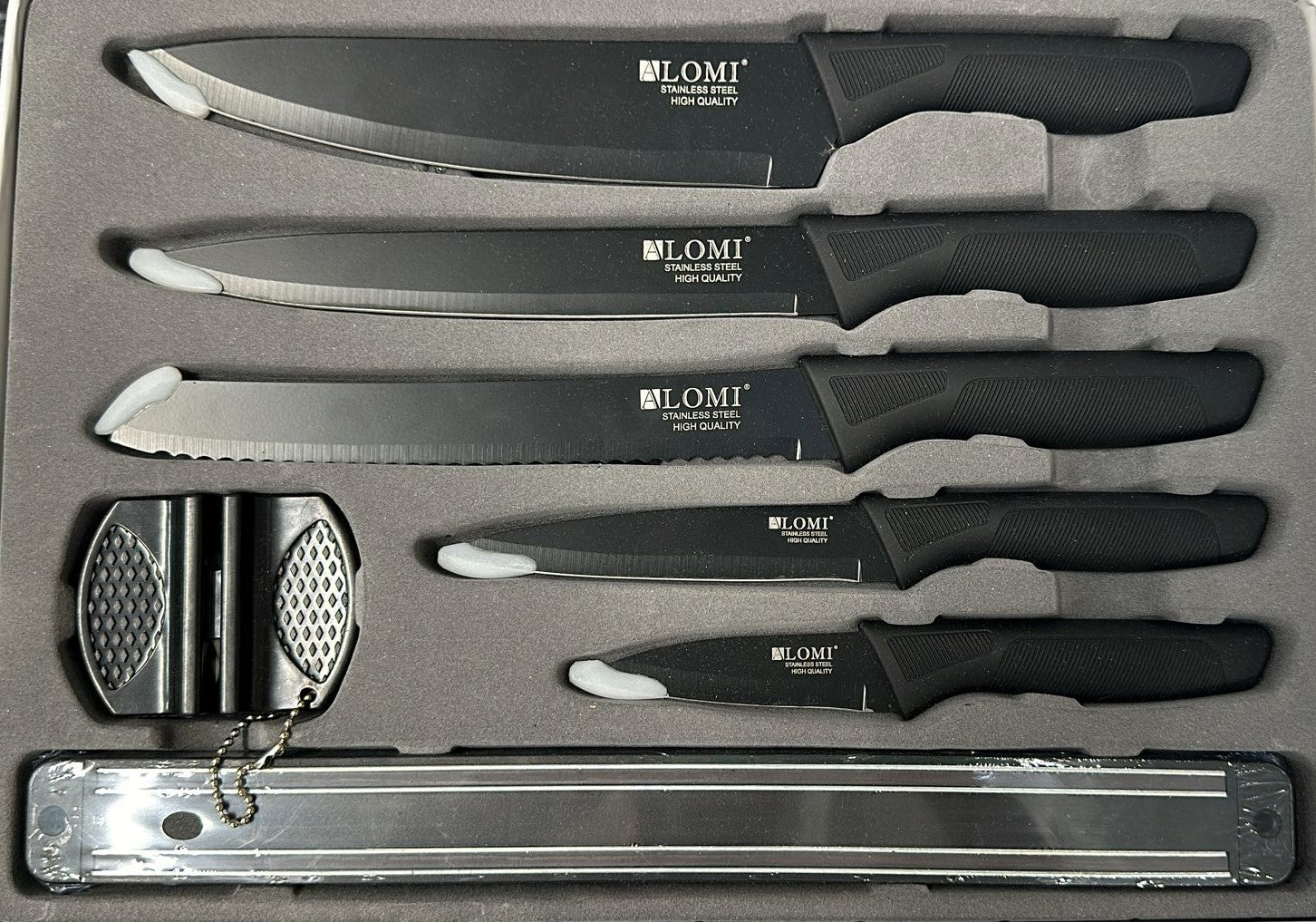 Set de Cuțite ALOMI din Oțel Inoxidabil - 6 Piese cu Suport Magnetic și Ascuțitor Portabil