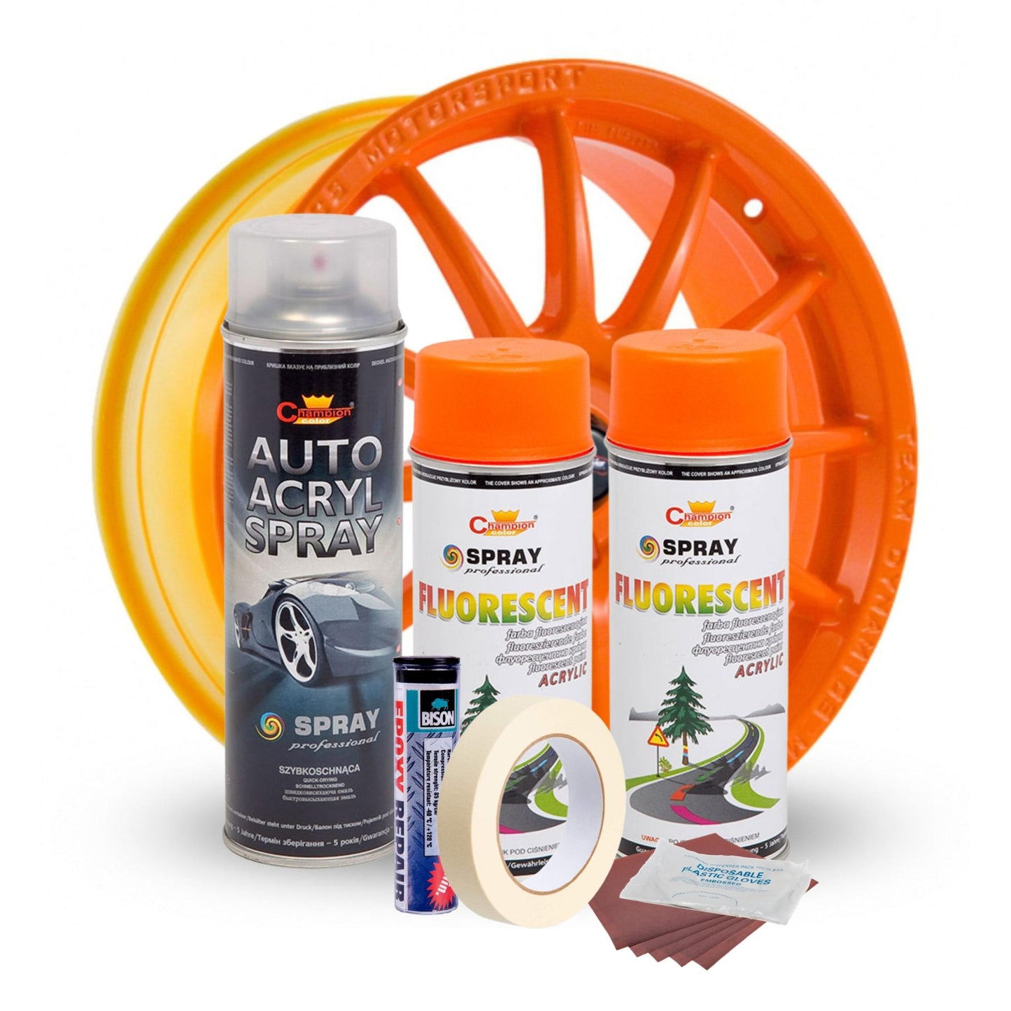 Kit complet reparatie si vopsire jante culoare Orange Fluorescent, V2-1