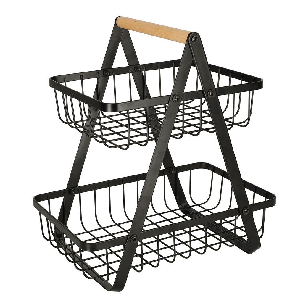 Cos de fructe cu doua etaje, pliabil, lemn + metal, culoare neagra-1