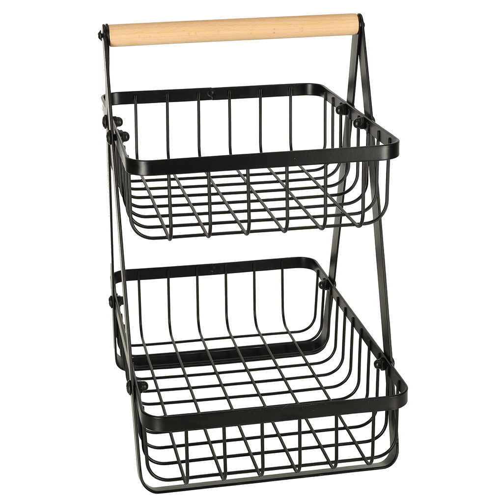 Cos de fructe cu doua etaje, pliabil, lemn + metal, culoare neagra-5