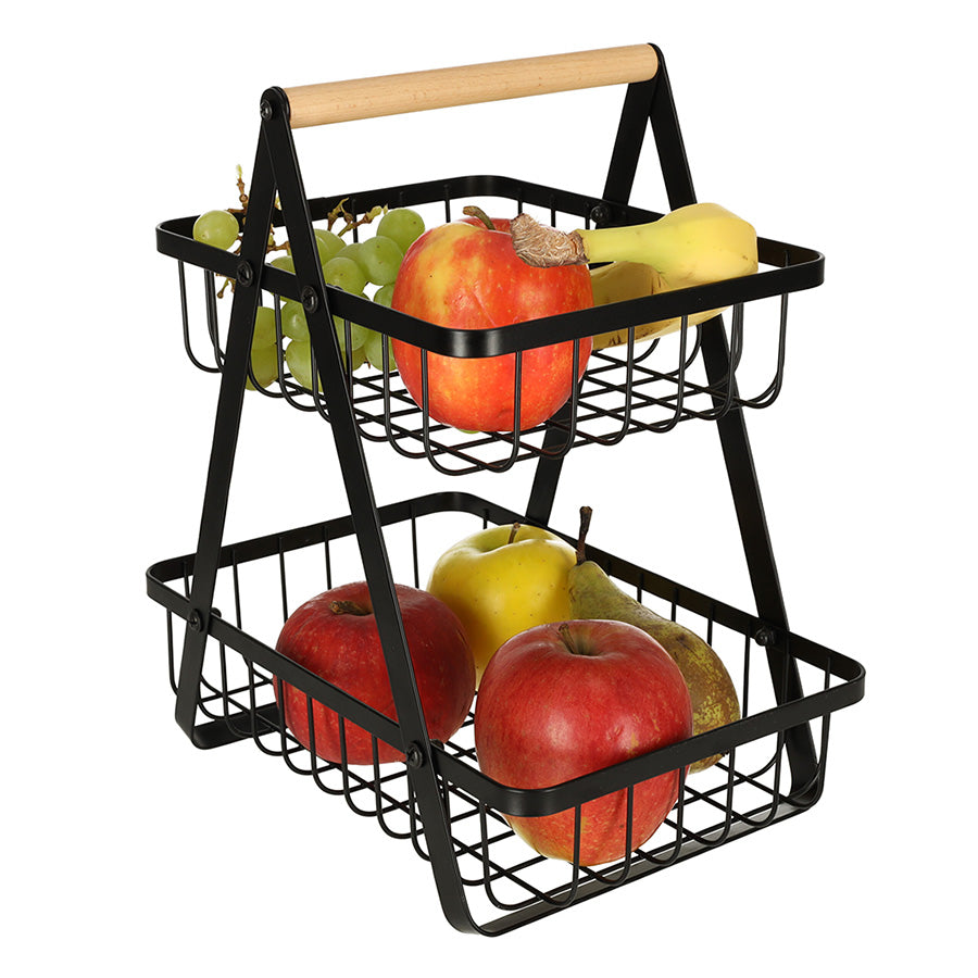 Cos de fructe cu doua etaje, pliabil, lemn + metal, culoare neagra-6