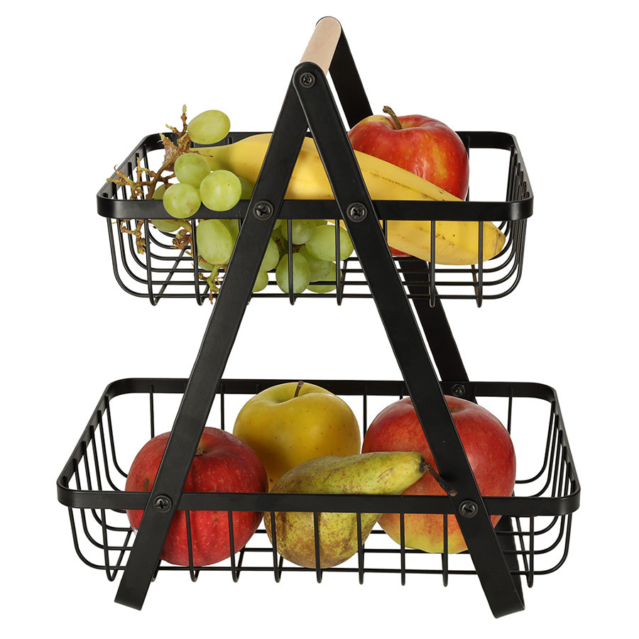Cos de fructe cu doua etaje, pliabil, lemn + metal, culoare neagra-7