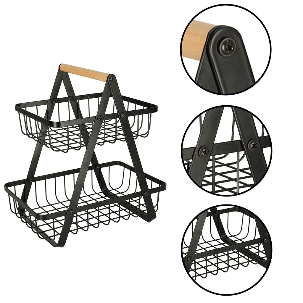 Cos de fructe cu doua etaje, pliabil, lemn + metal, culoare neagra-8