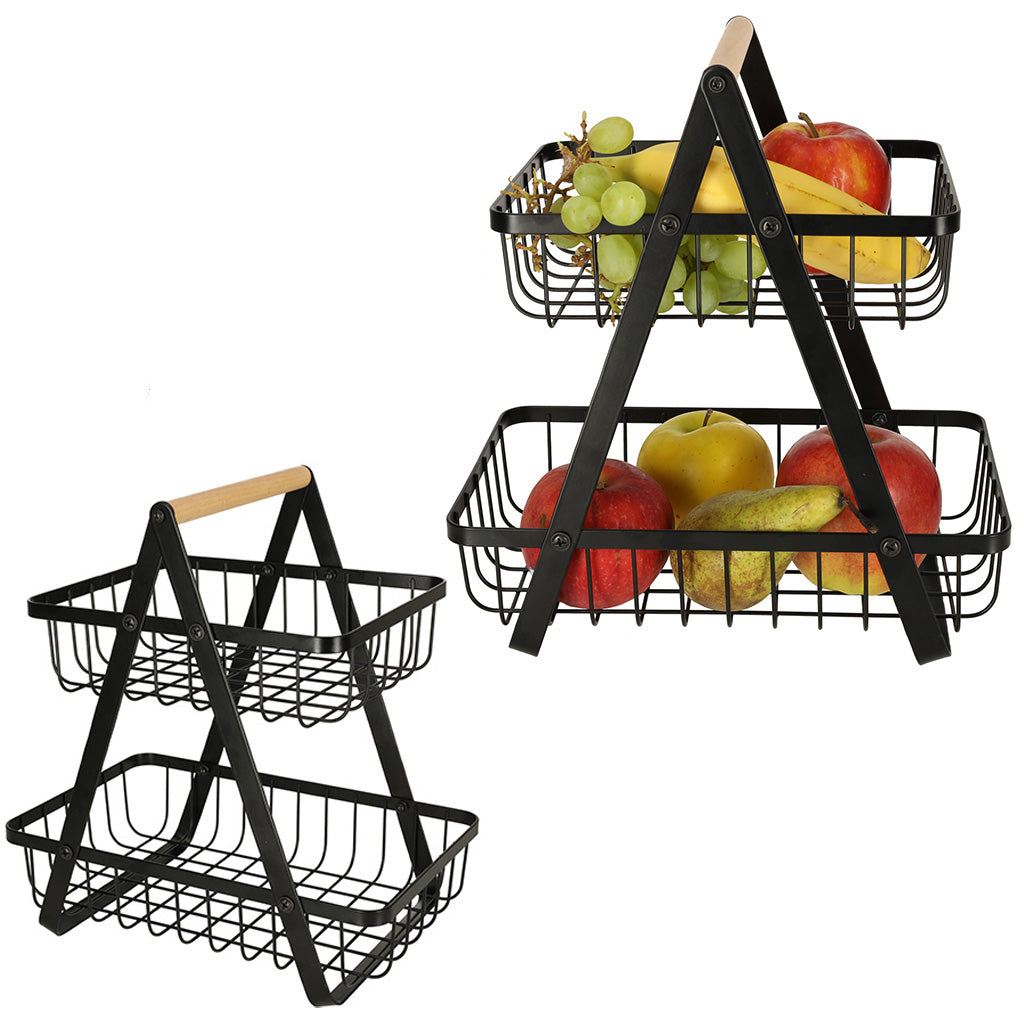 Cos de fructe cu doua etaje, pliabil, lemn + metal, culoare neagra-9