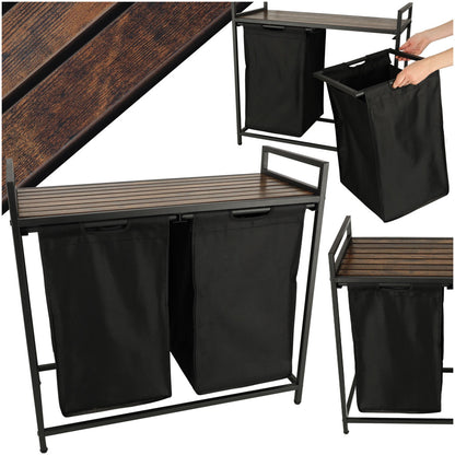 Cos mare de rufe cu doua compartimente, cu raft si blat din lemn, model LOFT, culoare neagra-0